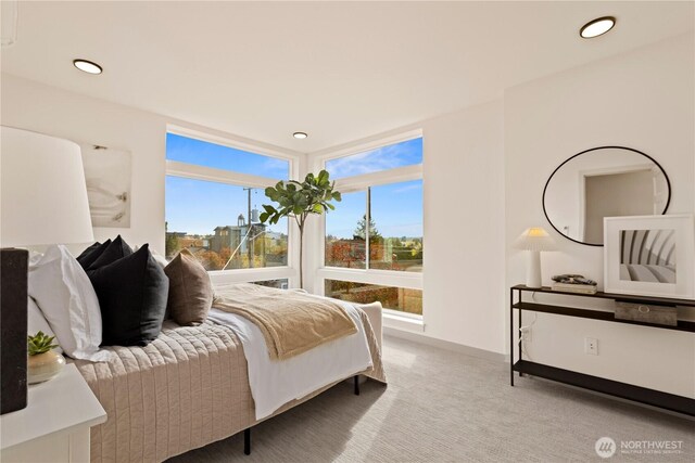 bedroom featuring baseboards, recessed lighting, and carpet