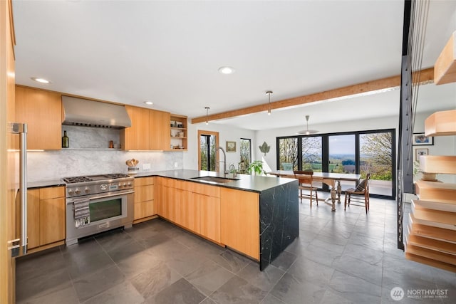 kitchen featuring open shelves, modern cabinets, a sink, a peninsula, and high end stove
