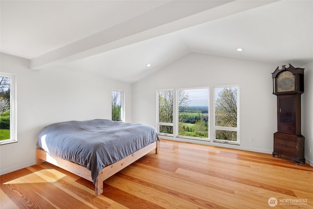 bedroom with recessed lighting, baseboards, lofted ceiling, and light wood-style flooring