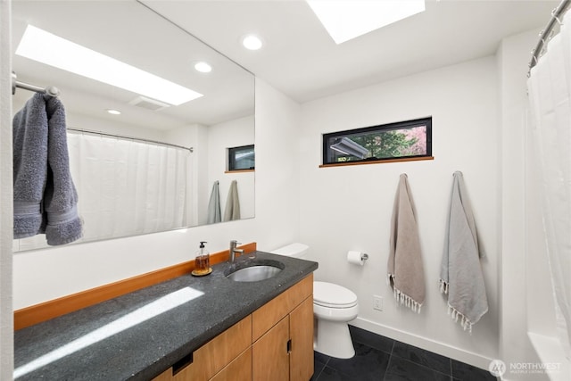 bathroom with vanity, recessed lighting, toilet, tile patterned floors, and baseboards