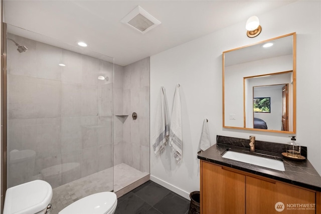 ensuite bathroom with vanity, ensuite bath, toilet, a walk in shower, and visible vents