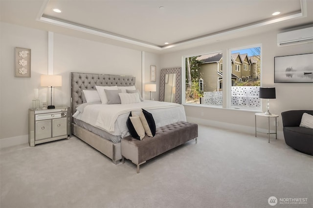 11896 SE 5th St, Bellevue, WA 98805 - bedroom featuring a wall unit AC, a tray ceiling, recessed lighting, and light carpet