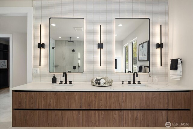 11896 SE 5th St, Bellevue, WA 98805 - full bath with a shower stall, decorative backsplash, and a sink