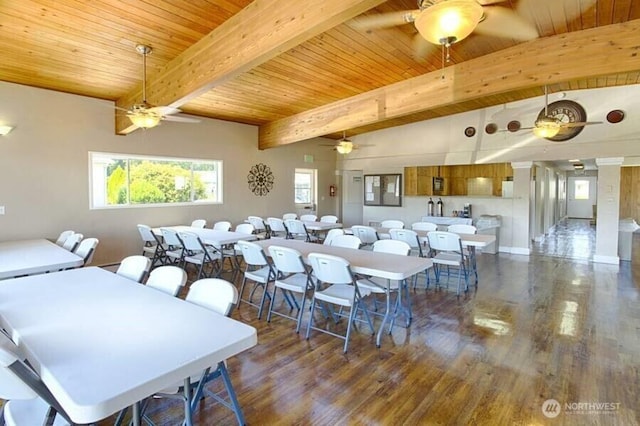 10515 60th Street Ct E Unit 165, Puyallup, WA 98372 - dining area featuring wood finished floors, ceiling fan, beamed ceiling, and wooden ceiling