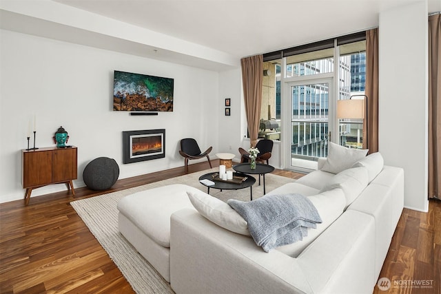 living room with wood finished floors, baseboards, a glass covered fireplace, and expansive windows