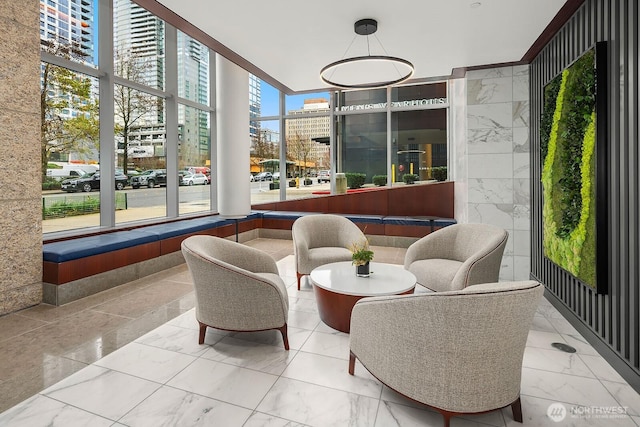 interior space with a city view