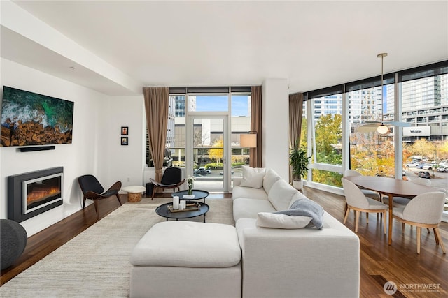 living room featuring a glass covered fireplace, a wall of windows, and wood finished floors