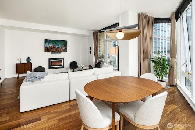 dining room with a glass covered fireplace and wood finished floors