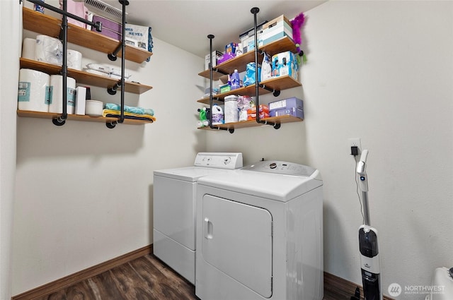804 S Adams Ave, Warden, WA 98857 - washroom featuring baseboards, laundry area, washing machine and clothes dryer, and dark wood finished floors