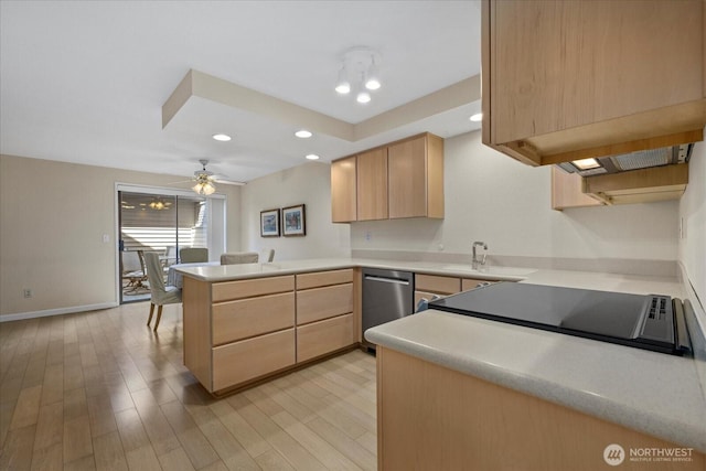 16972 65th Ln NE, Kenmore, WA 98028 - kitchen with light wood-style flooring, a peninsula, light brown cabinetry, dishwasher, and light countertops