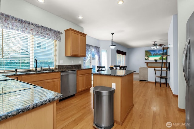 2825 Haig Dr SE, Olympia, WA 98501 - kitchen featuring ceiling fan, light wood-style flooring, recessed lighting, a sink, and stainless steel appliances