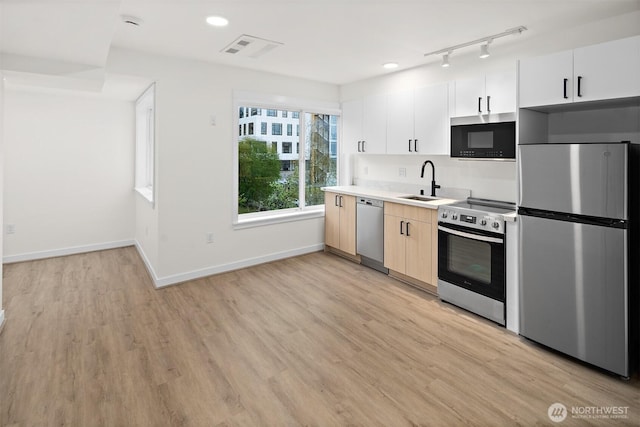 711 N 35th St, Seattle, WA 98103 - kitchen with stainless steel appliances, light wood finished floors, light countertops, and a sink