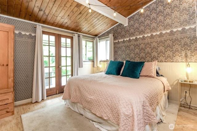 bedroom with wood ceiling, wainscoting, track lighting, lofted ceiling with beams, and wallpapered walls