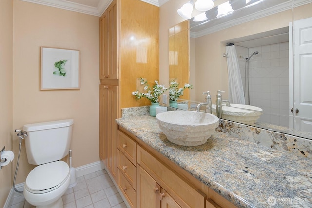 bathroom featuring baseboards, ornamental molding, toilet, tiled shower, and vanity