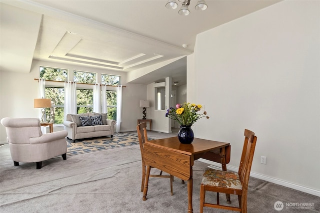 4592 Evenstar Ln, Freeland, WA 98249 - carpeted dining space featuring a raised ceiling, baseboards, and a chandelier