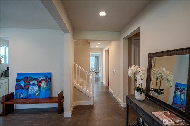 29027 NE 156th St, Duvall, WA 98019 - corridor with dark wood-style flooring, baseboards, stairway, and recessed lighting