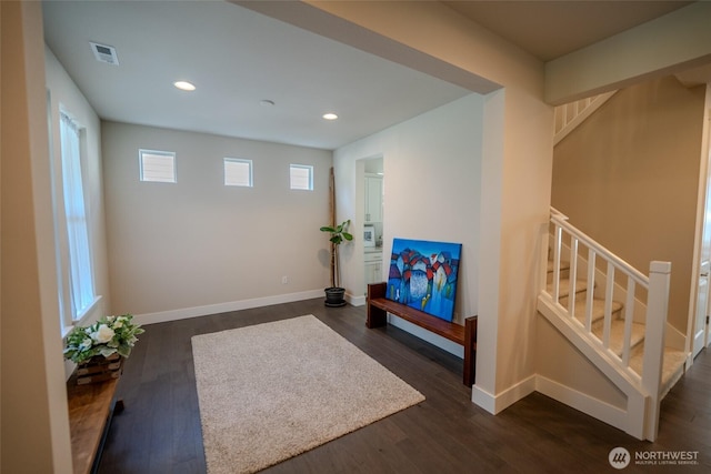 29027 NE 156th St, Duvall, WA 98019 - interior space featuring visible vents, baseboards, stairway, recessed lighting, and dark wood-type flooring