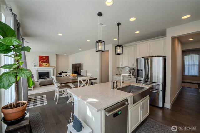29027 NE 156th St, Duvall, WA 98019 - kitchen featuring a sink, dark wood-style floors, white cabinetry, light stone countertops, and stainless steel appliances