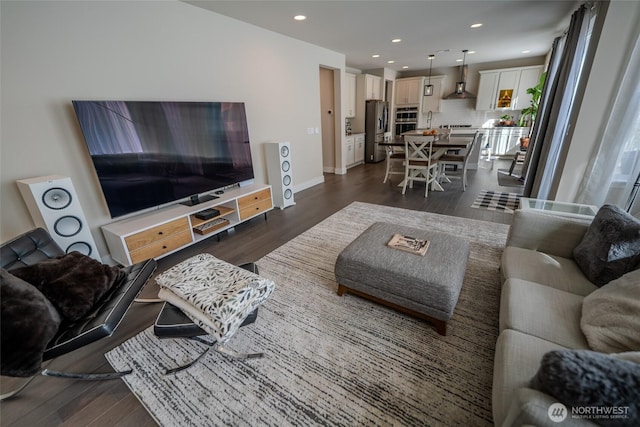 29027 NE 156th St, Duvall, WA 98019 - living room with dark wood-type flooring, baseboards, and recessed lighting