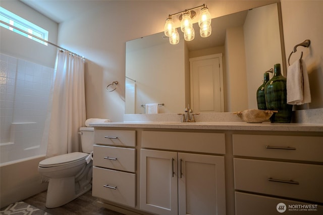 29027 NE 156th St, Duvall, WA 98019 - bathroom featuring toilet, vanity, wood finished floors, and shower / bath combination with curtain
