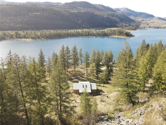 property view of water with a mountain view and a wooded view