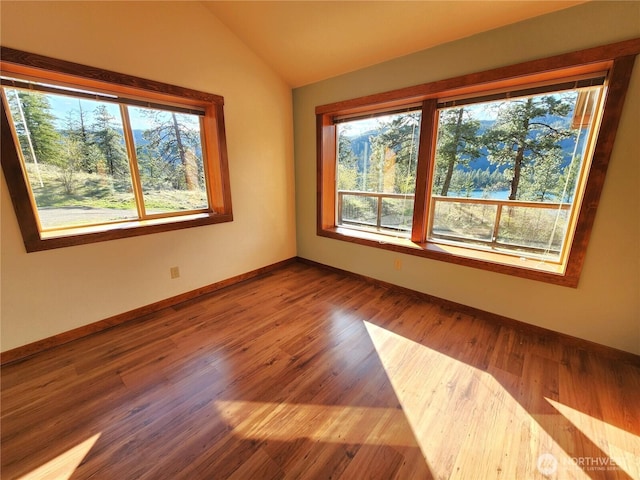 empty room with vaulted ceiling, wood finished floors, and baseboards