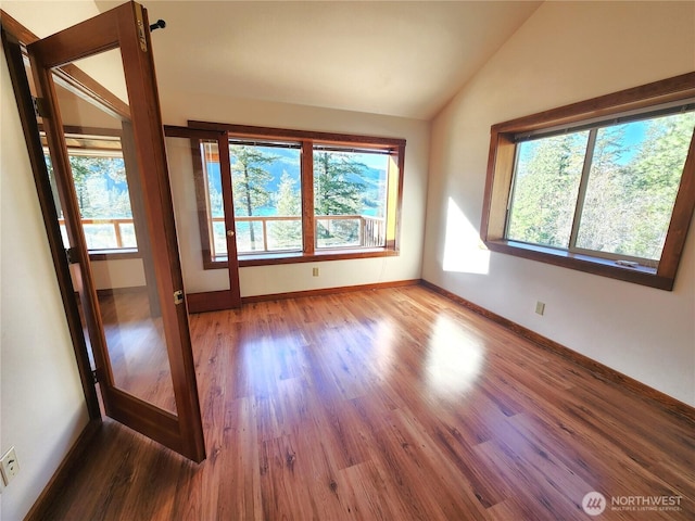 spare room with lofted ceiling, wood finished floors, and a wealth of natural light