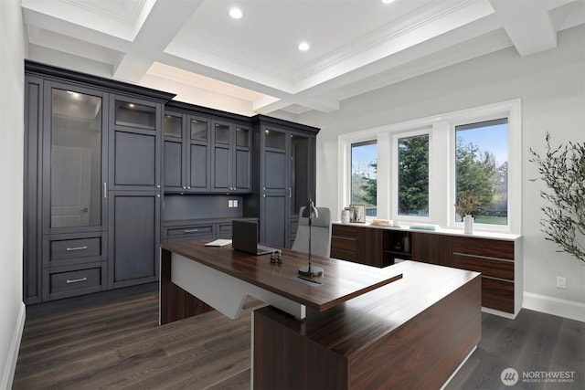 581 Marine Dr, Point Roberts, WA 98281 - office space featuring coffered ceiling, dark wood-style flooring, beam ceiling, and baseboards