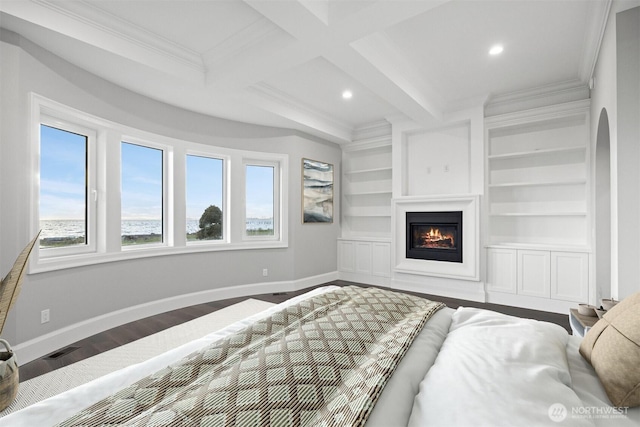 581 Marine Dr, Point Roberts, WA 98281 - bedroom featuring baseboards, crown molding, wood finished floors, and beamed ceiling