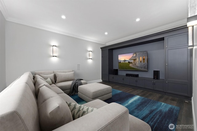 581 Marine Dr, Point Roberts, WA 98281 - home theater with crown molding, baseboards, recessed lighting, and dark wood-style flooring