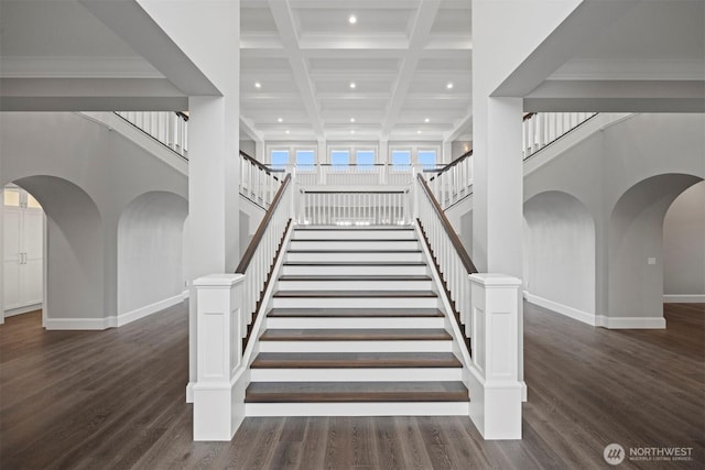 581 Marine Dr, Point Roberts, WA 98281 - staircase with recessed lighting, arched walkways, a high ceiling, and baseboards
