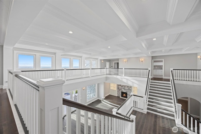 581 Marine Dr, Point Roberts, WA 98281 - staircase with recessed lighting, beam ceiling, wood finished floors, and plenty of natural light