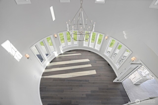 581 Marine Dr, Point Roberts, WA 98281 - interior space with a chandelier, wood finished floors, and a towering ceiling