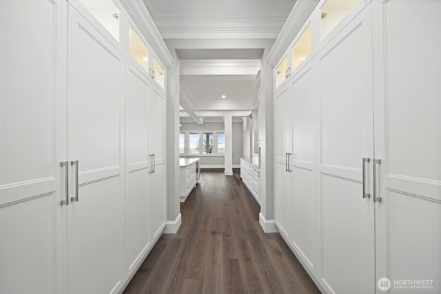 581 Marine Dr, Point Roberts, WA 98281 - hallway featuring baseboards, dark wood-style floors, and ornamental molding