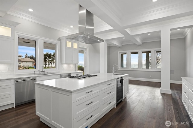 581 Marine Dr, Point Roberts, WA 98281 - kitchen with island exhaust hood, a sink, an island with sink, and appliances with stainless steel finishes