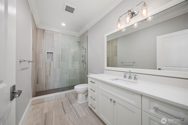 581 Marine Dr, Point Roberts, WA 98281 - full bath featuring crown molding, vanity, toilet, visible vents, and tiled shower