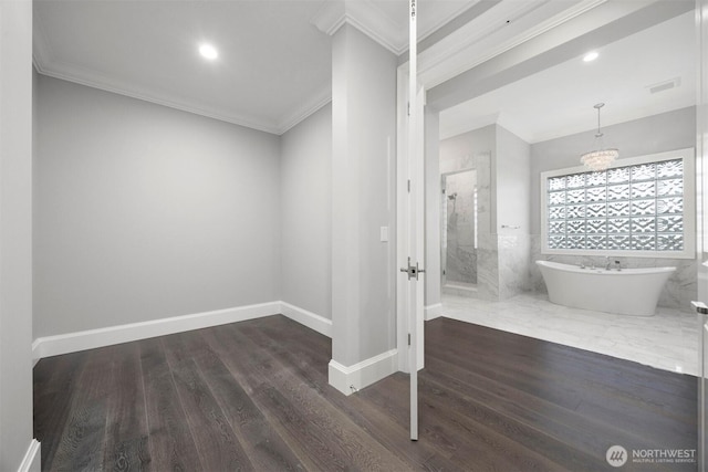 581 Marine Dr, Point Roberts, WA 98281 - bathroom featuring crown molding, wood finished floors, a stall shower, a freestanding bath, and visible vents