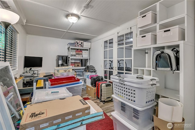 storage area with visible vents and french doors