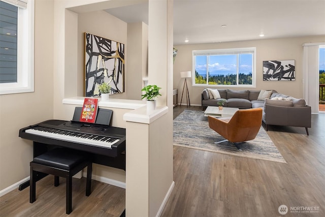 living room with baseboards, wood finished floors, and recessed lighting