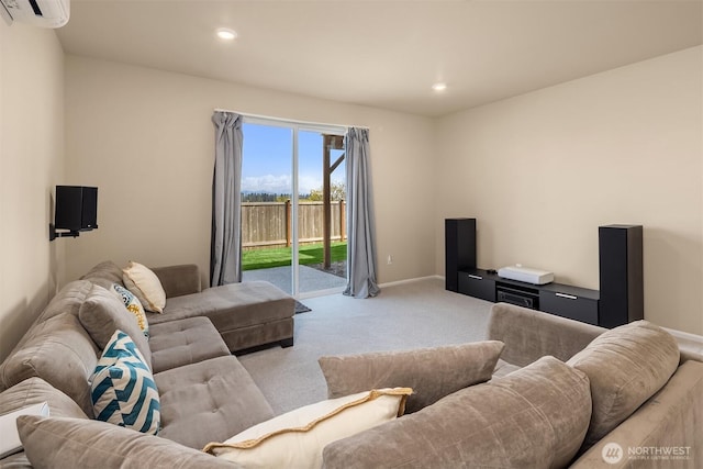 living room with baseboards, carpet floors, a wall mounted AC, and recessed lighting