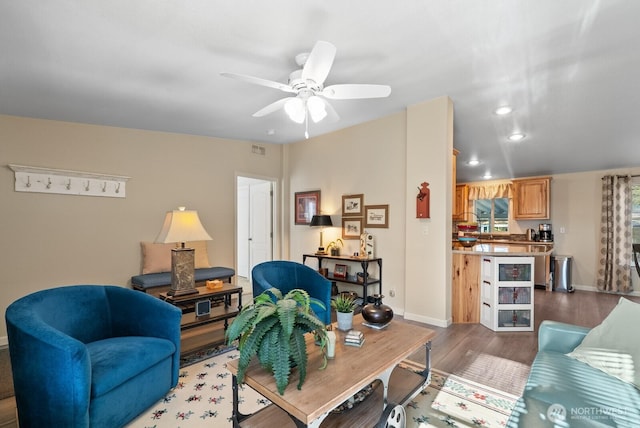 11325 126th St E Unit 229, Puyallup, WA 98374 - living room with recessed lighting, wood finished floors, visible vents, baseboards, and ceiling fan