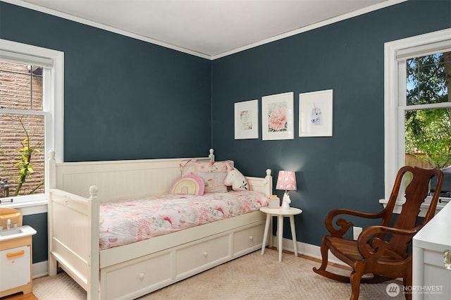 bedroom featuring ornamental molding and wainscoting