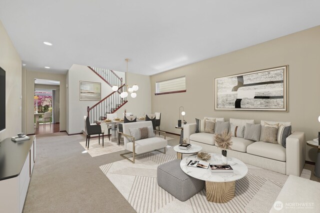 living area with recessed lighting, stairs, a wealth of natural light, and light carpet