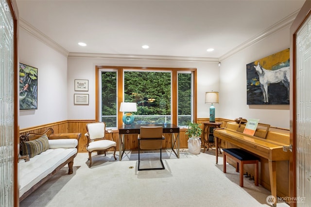 living area with recessed lighting, ornamental molding, wainscoting, wooden walls, and carpet floors
