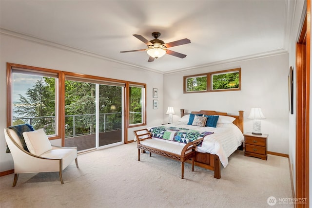 bedroom with light colored carpet, crown molding, and access to exterior