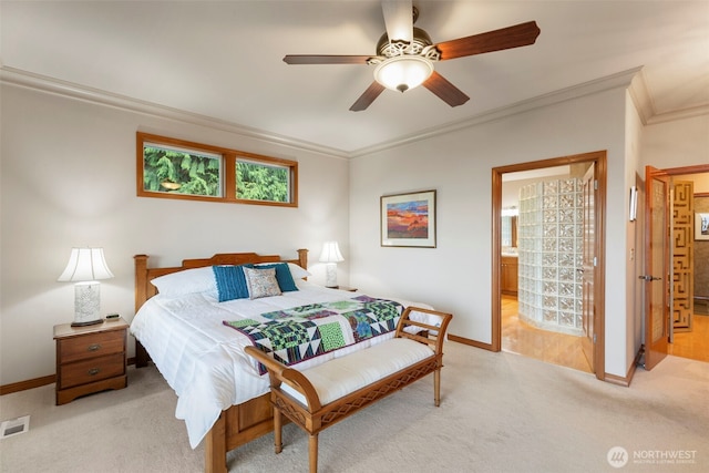 bedroom featuring baseboards, light carpet, visible vents, and crown molding