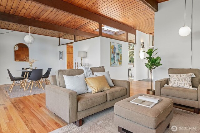 living room featuring beamed ceiling, light wood-style flooring, and wooden ceiling
