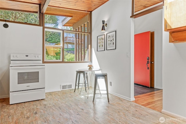 kitchen featuring white electric stove, wooden ceiling, baseboards, and wood finished floors