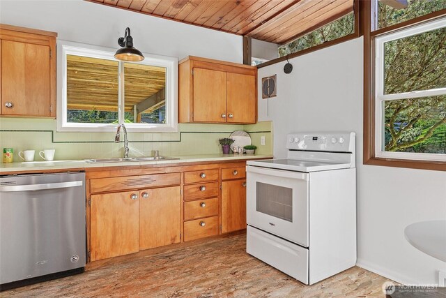 kitchen featuring electric range, stainless steel dishwasher, a sink, plenty of natural light, and wood ceiling