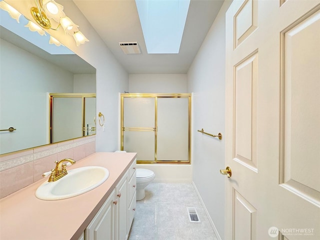 462 E Runnion, Sequim, WA 98382 - bathroom with vanity, toilet, visible vents, baseboards, and a skylight